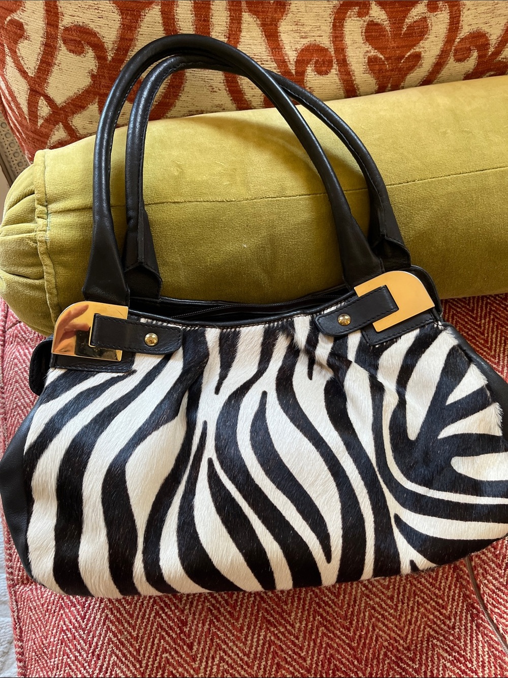 Paolo Masi Black and White Zebra Print Shoulder Bag with Gold Hardware